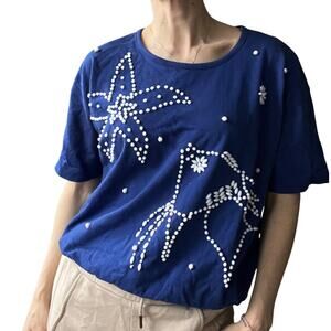 Vintage Chaus beaded cotton‎ top blue fish
